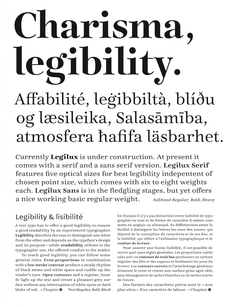 Legilux typeface family type specimen optical sizes